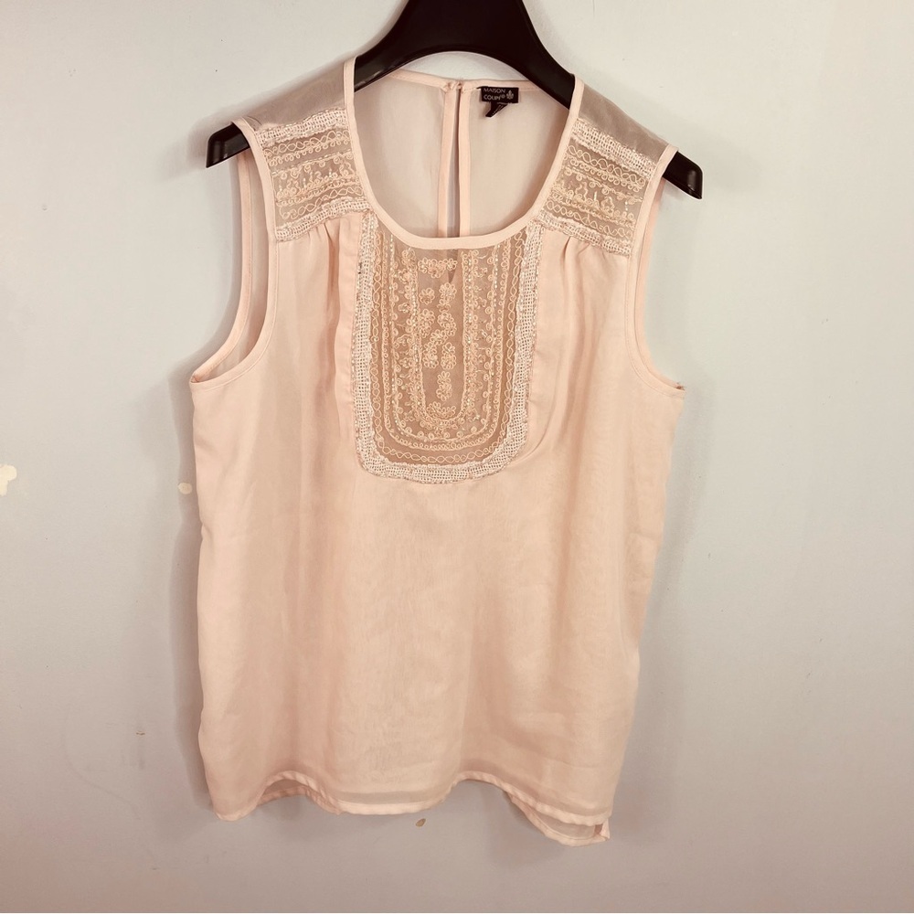 Maison Coupe Size Large Beaded Sparkle Bib Light Pink Chiffon Top TTB